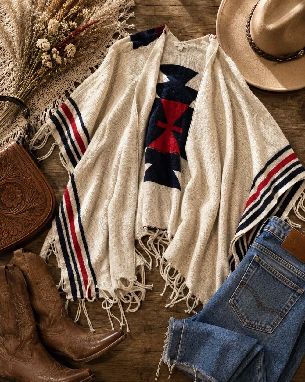 Umgee Navy, Cream, and Red Tassel Poncho (g17)
